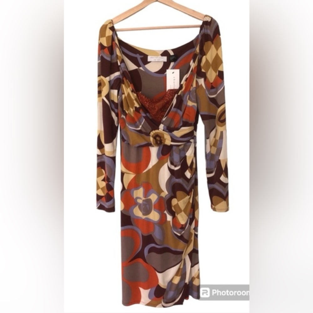 Charles Nolan Dress, Browns & Oranges, Wrap, Ruckering Side, Long Sleeved, Sz 4 - Picture 2 of 16